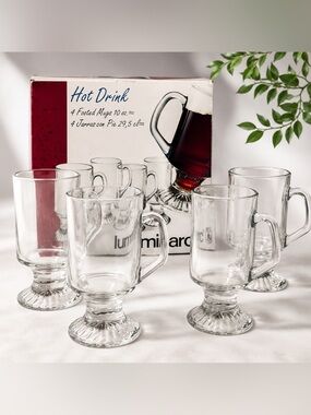 Vintage Luminarc Hot Drink Footed Glass Mug Set 4pc 10oz NIB USA 1994